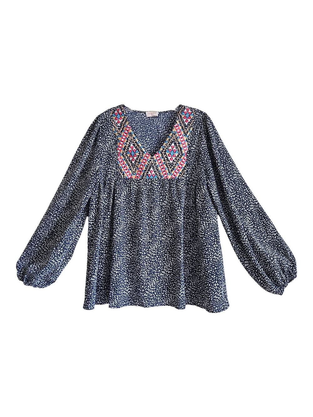 HAILEY & CO Women's L Tunic Top V-Neck Embroidered Balloon Long Sleeve Bust 38"